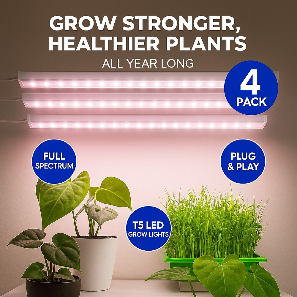 LED Grow Light Strips for Indoor Plants 1FT Full Spectrum T5 4 Pack Plug Play