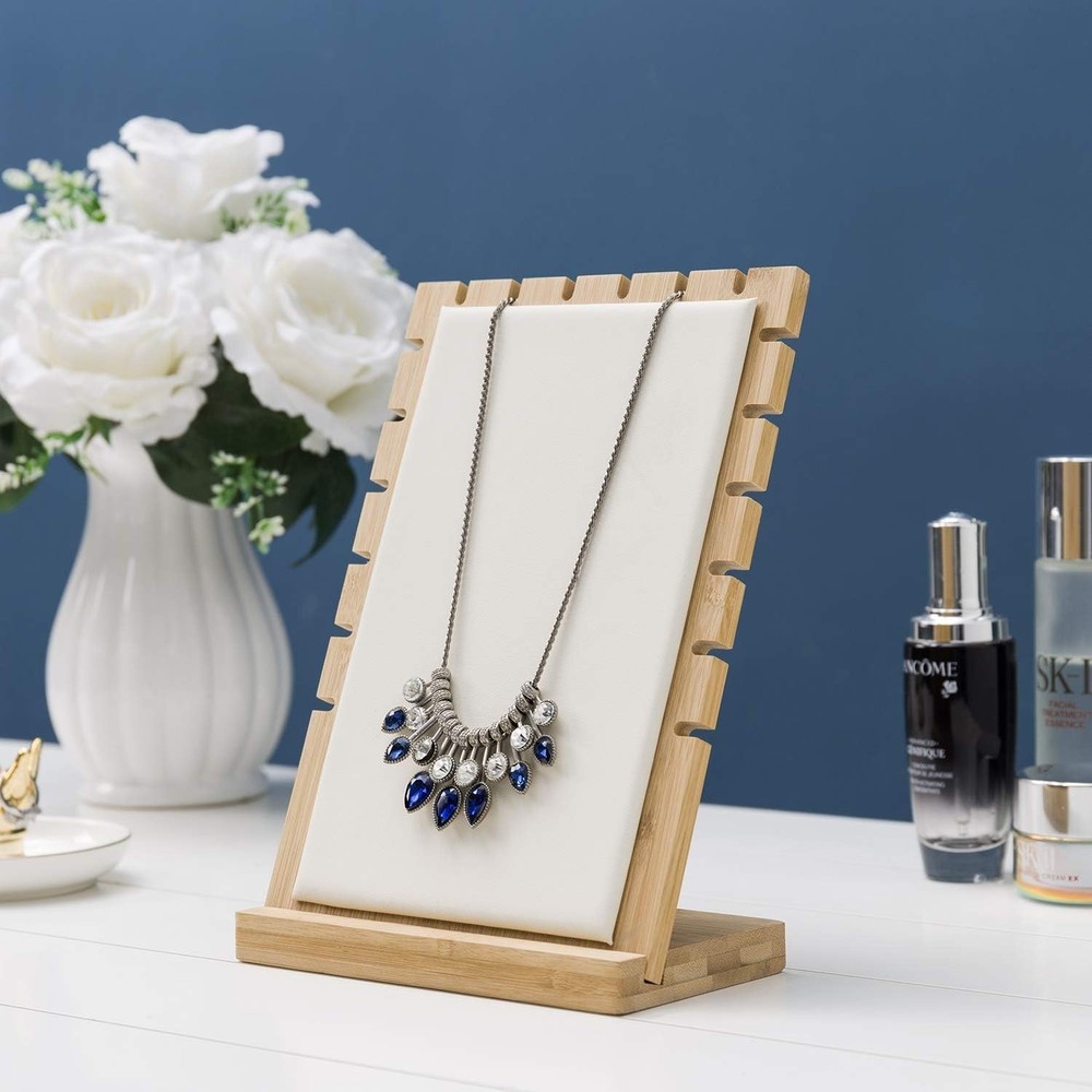display stand 2-Pack Bamboo Jewelry Display Stands with PU Panel & Multi-Rung