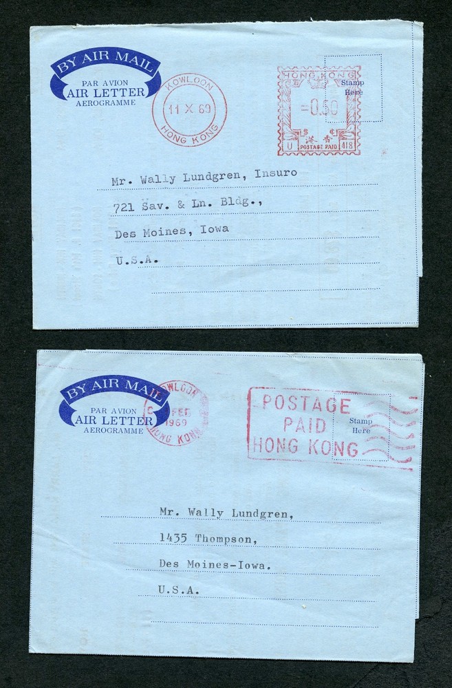 Hong kong two airmails with red machine cancel