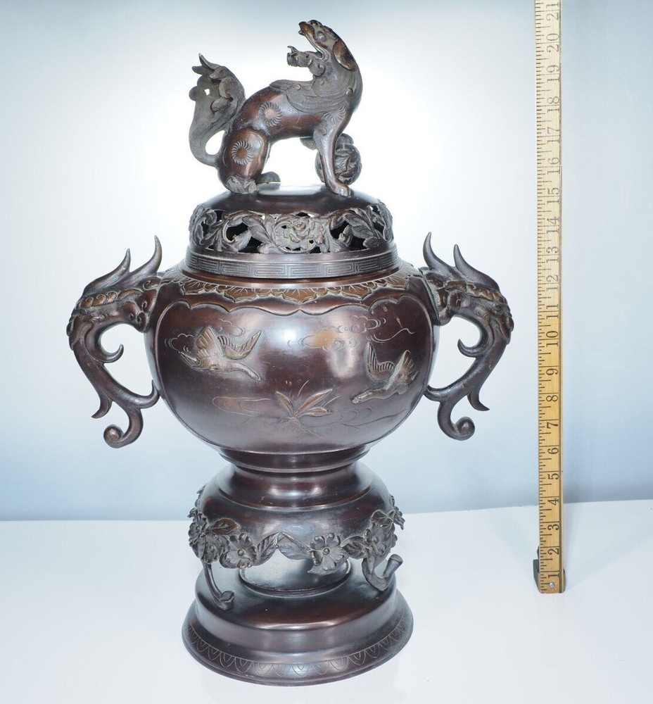 Large Antique Bronze Chinese incense burner censor, 21" tall signed