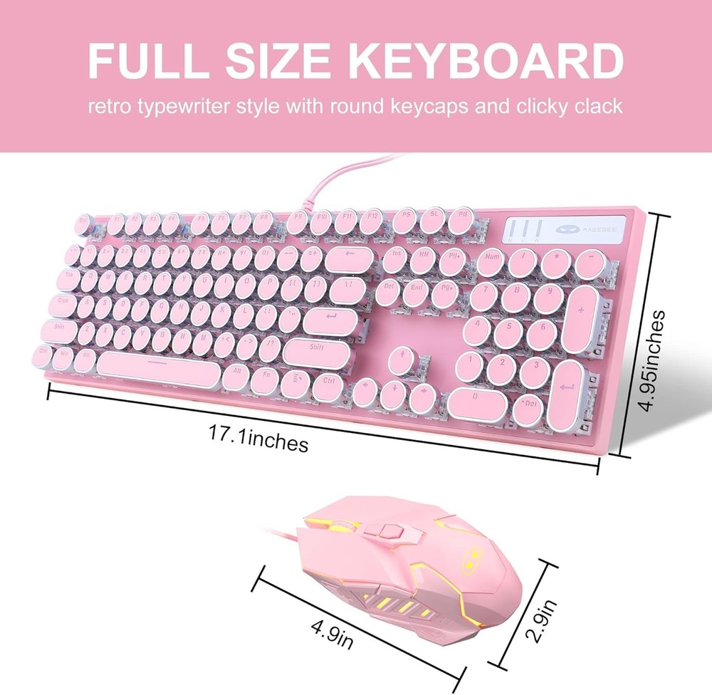Retro Pink Typewriter-Style Keyboard and Mouse Combo, Cute Light Up Wired Mec...