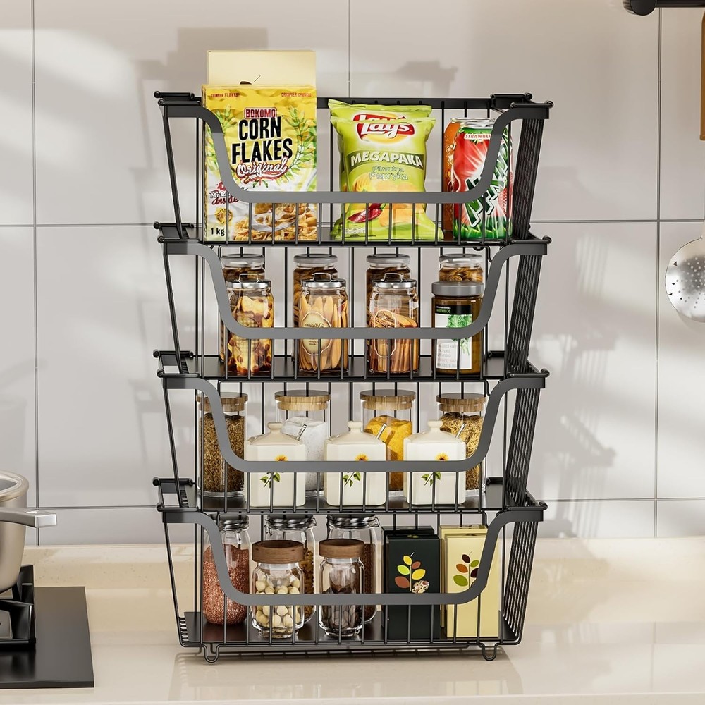 NEW 4 Pack Stackable Wire Baskets Pantry Storage Metal Fruit Vegetable Black
