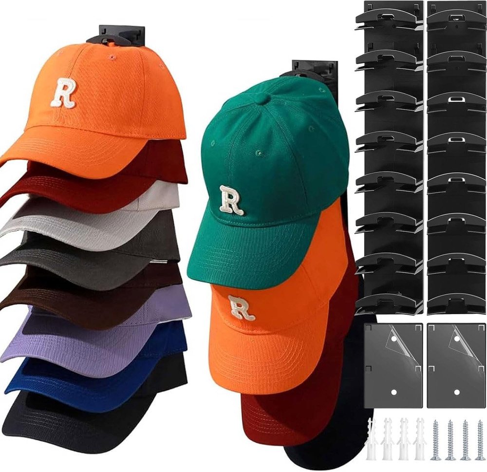 Baseball Cap Organizer Rack-2Pcs,Wall Hat Hooks with Strong Adhesive Holds up...