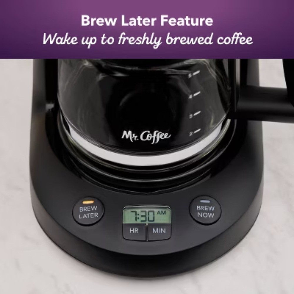 Mr. Coffee 5-Cup Programmable Coffee Maker Black: Drip Coffee Machine