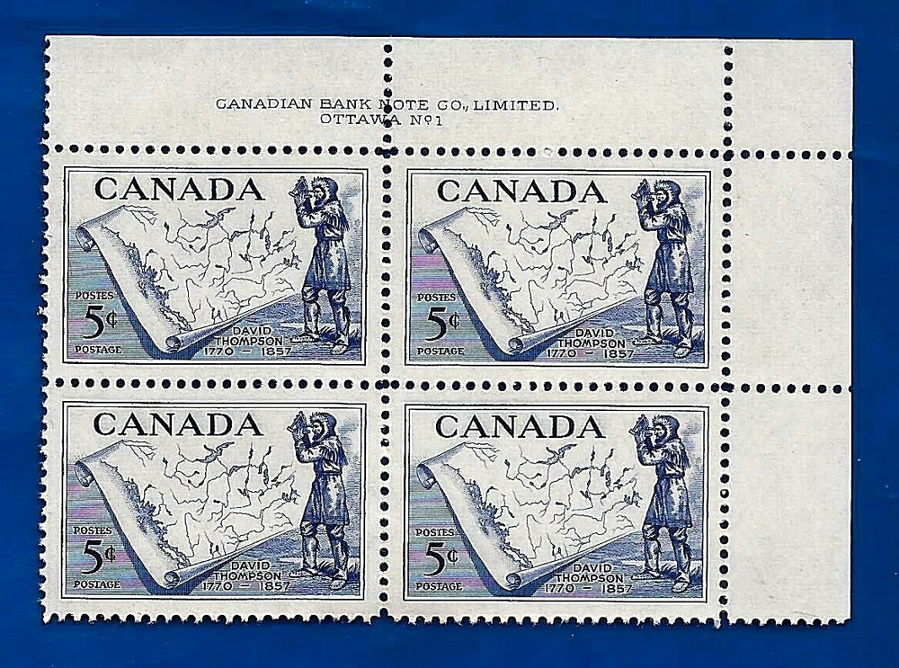 CANADA 1957 DAVID THOMPSON postage stamp corner block MLH plate No 1