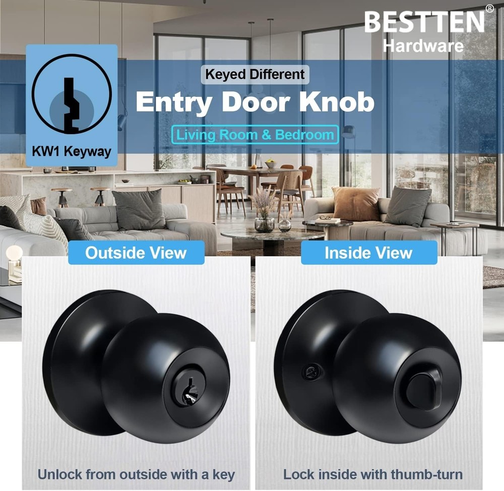 2 Pack Matte Black Keyed Entry Door Knobs – Elegant Security Solution