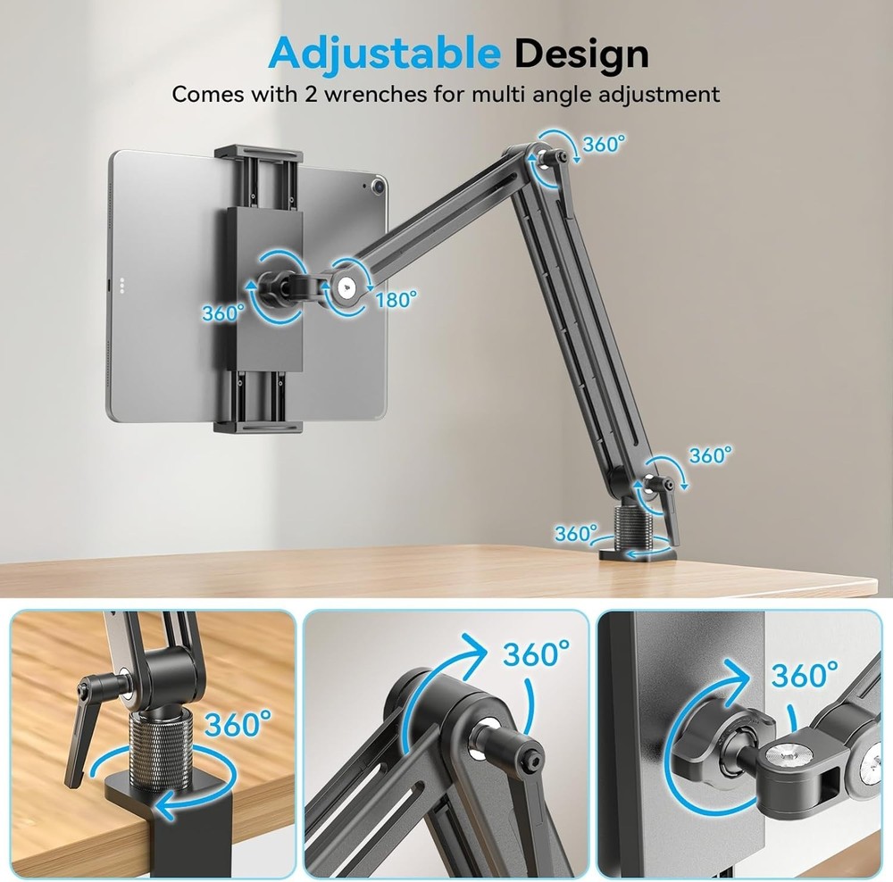 360 Degree Rotating Tablet Arm Stand - Adjustable Clamp