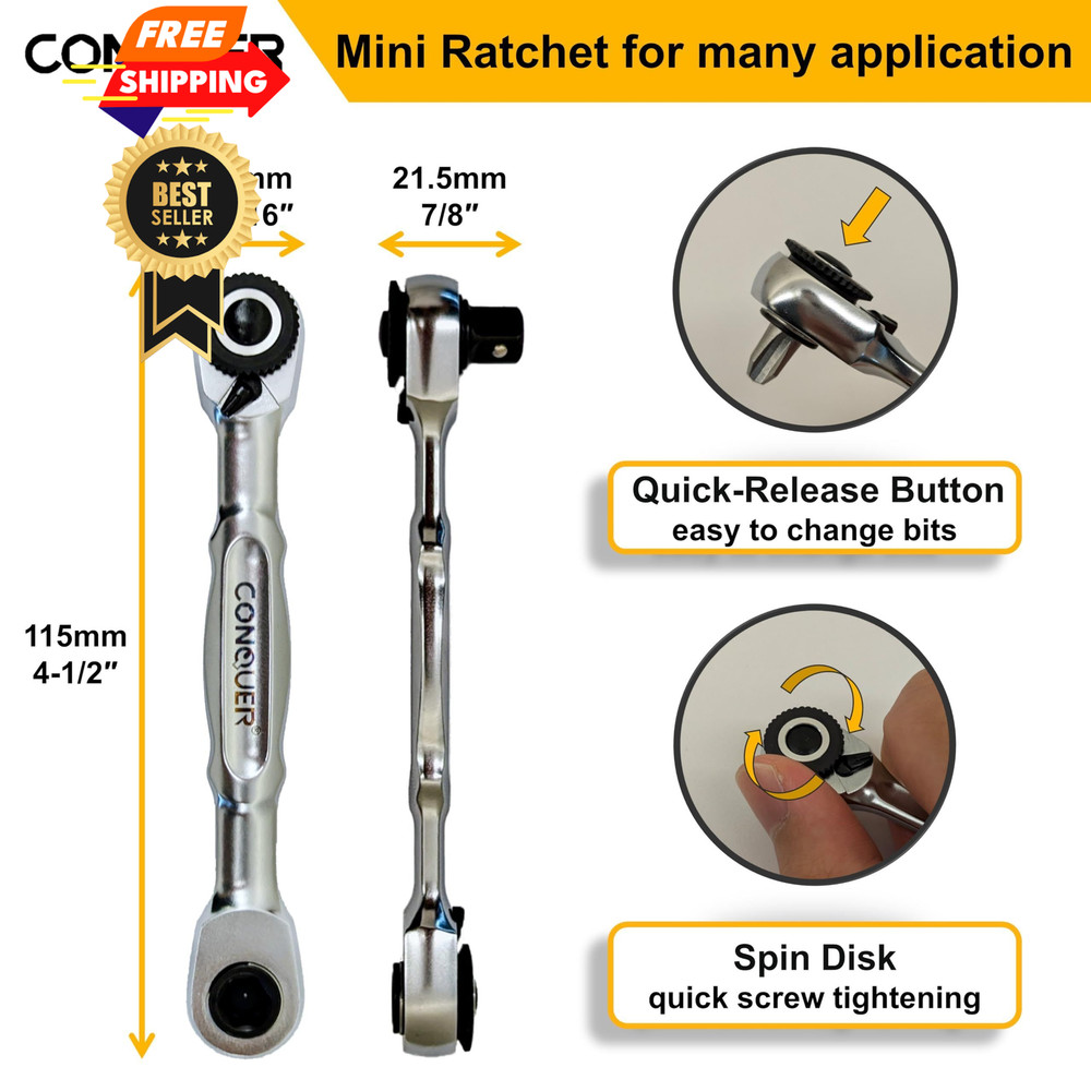 CONQUER Mini Combo Dual Ratchet Wrench with 1/4" Square Drive and Bit Silver