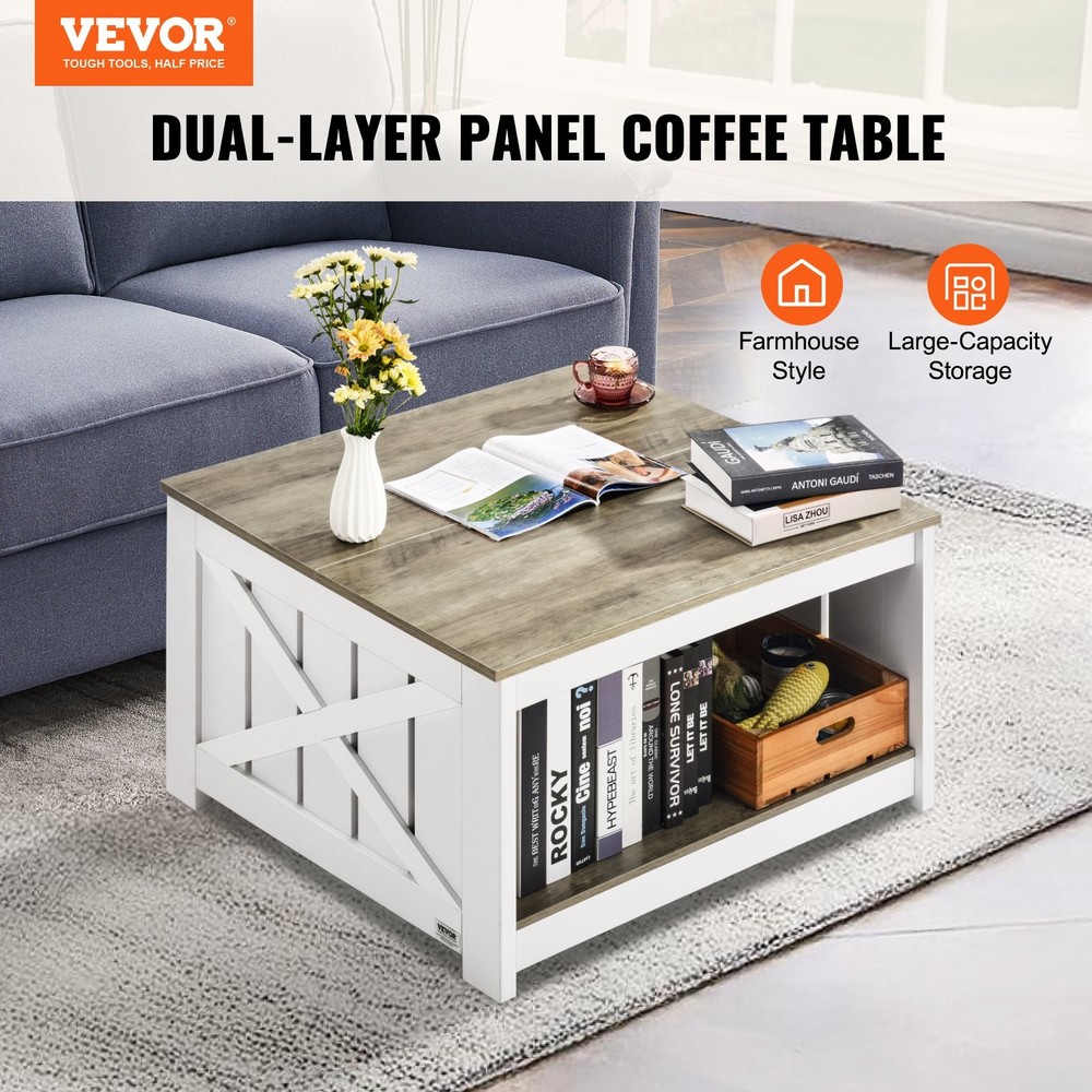 31.5" Farmhouse Coffee Table Square Coffee Table Open Storage Compartment
