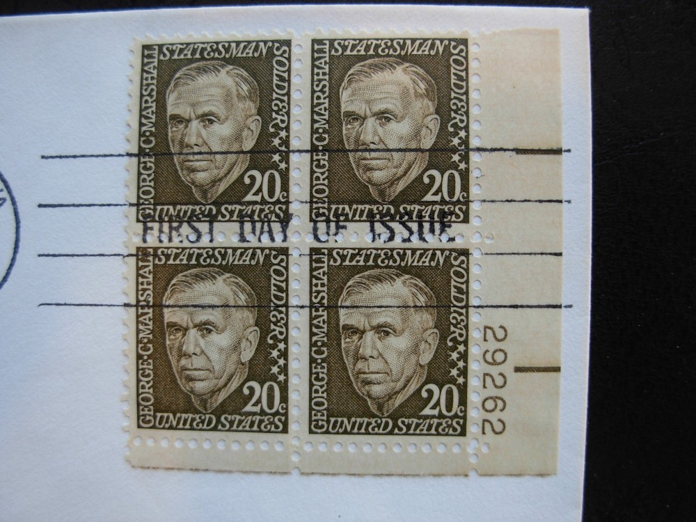 1289 George Marshall, FDC - Matched Set Plate # 29262 Blocks Artmaster