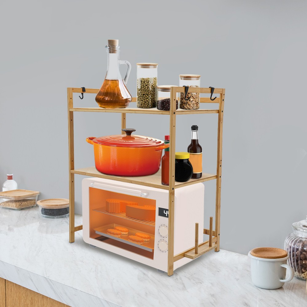 2-Tier Bamboo Kitchen Storage Rack with Adjustable Height for Organization