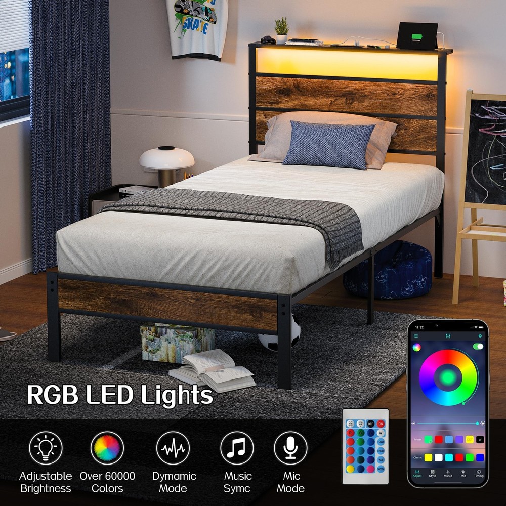 Twin Bed Frame with Storage Headboard USB Charging Station, Smart LED Lights,...
