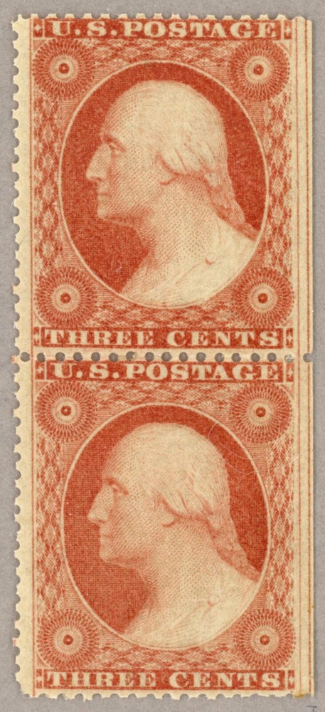 US Scott#26 OG pair 1857 3c Washington, beautifully centered, margin postition