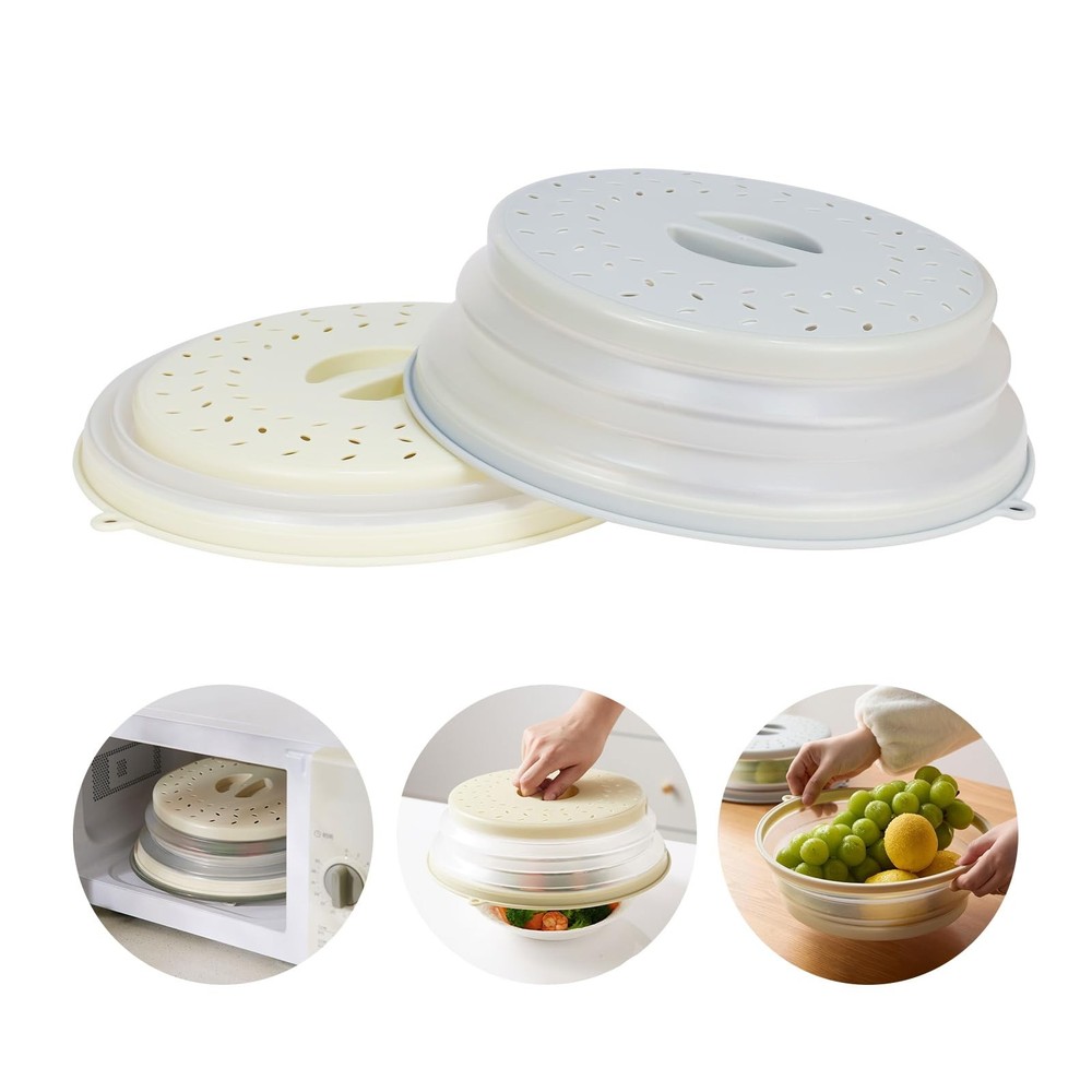 2 PACK Collapsible Microwave Splatter Cover with Handle Vented White and Grey