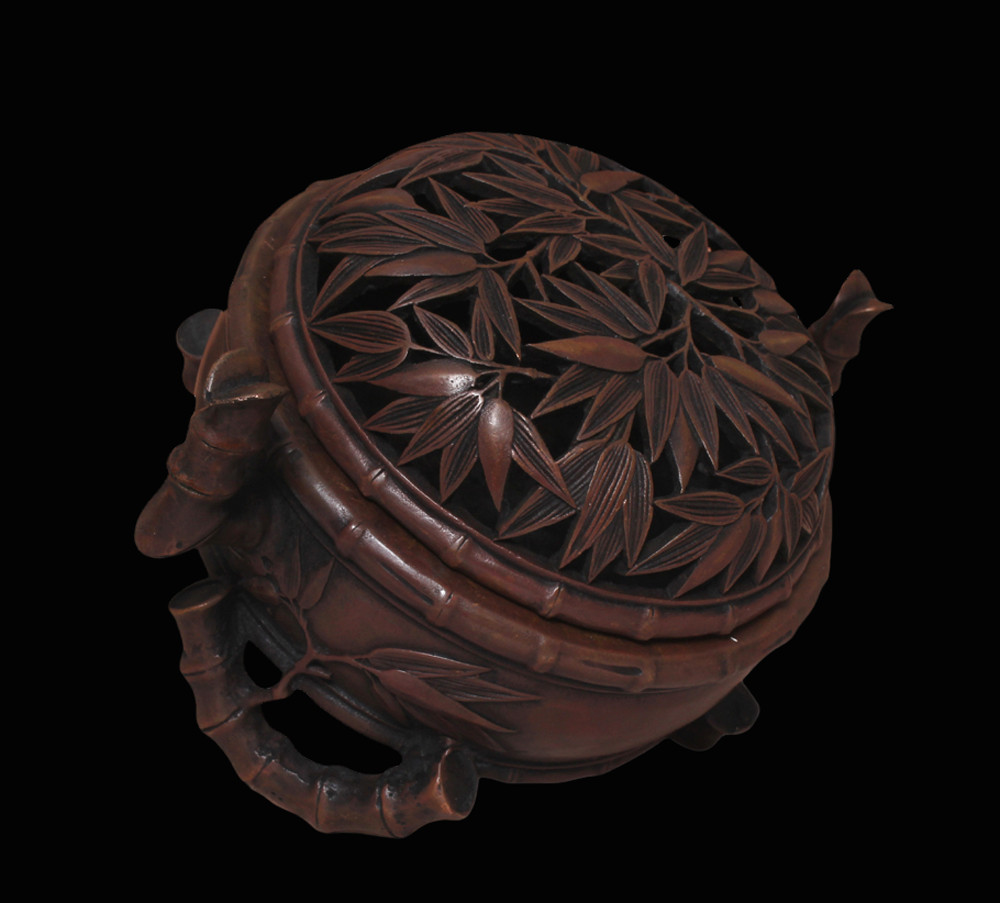 Da Qing Signed Chinese Copper Incense Burner w/bamboo