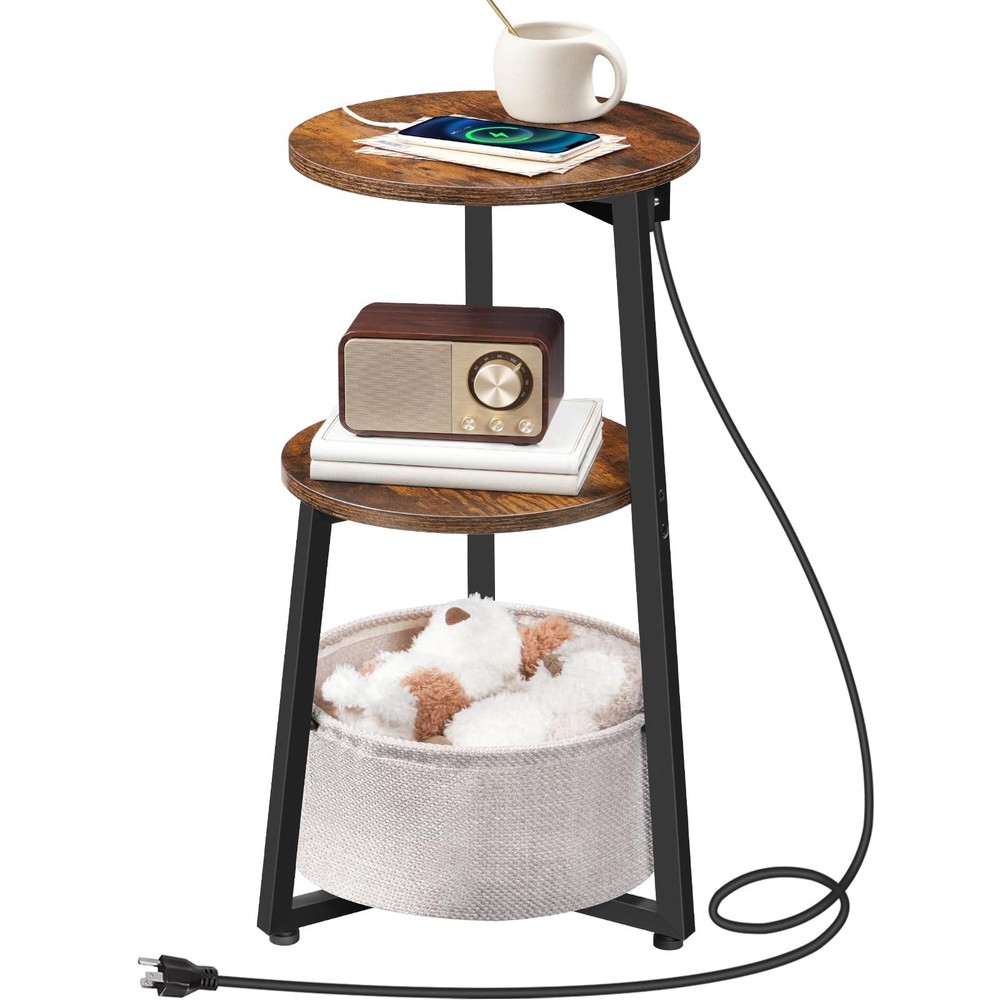 Small Round Side Table with Charging Station, Round End Table with Cotton Lin...