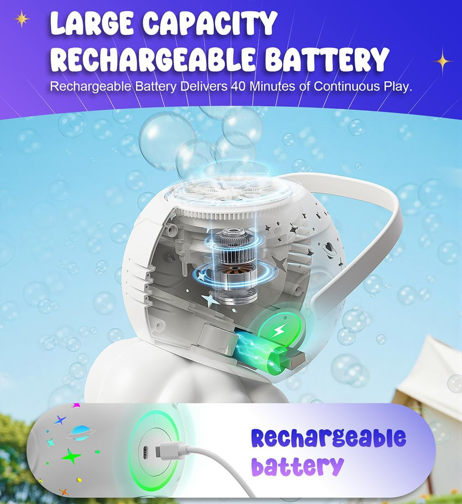 USB-C Rechargeable Bubble Machine - Multi-Color LED Light, 10 Large Wands, 20Oz(