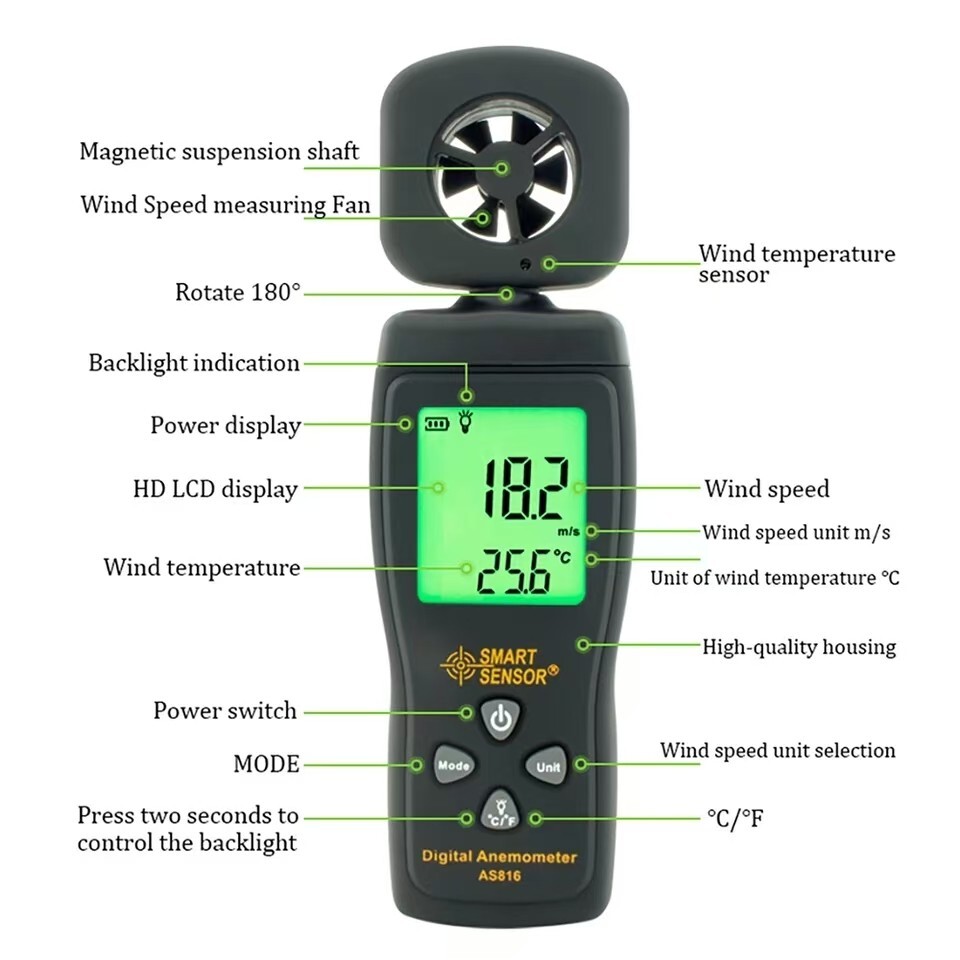 SMART SENSOR Digital Anemometer Handheld Air Wind Speed Meter Tester Backlight