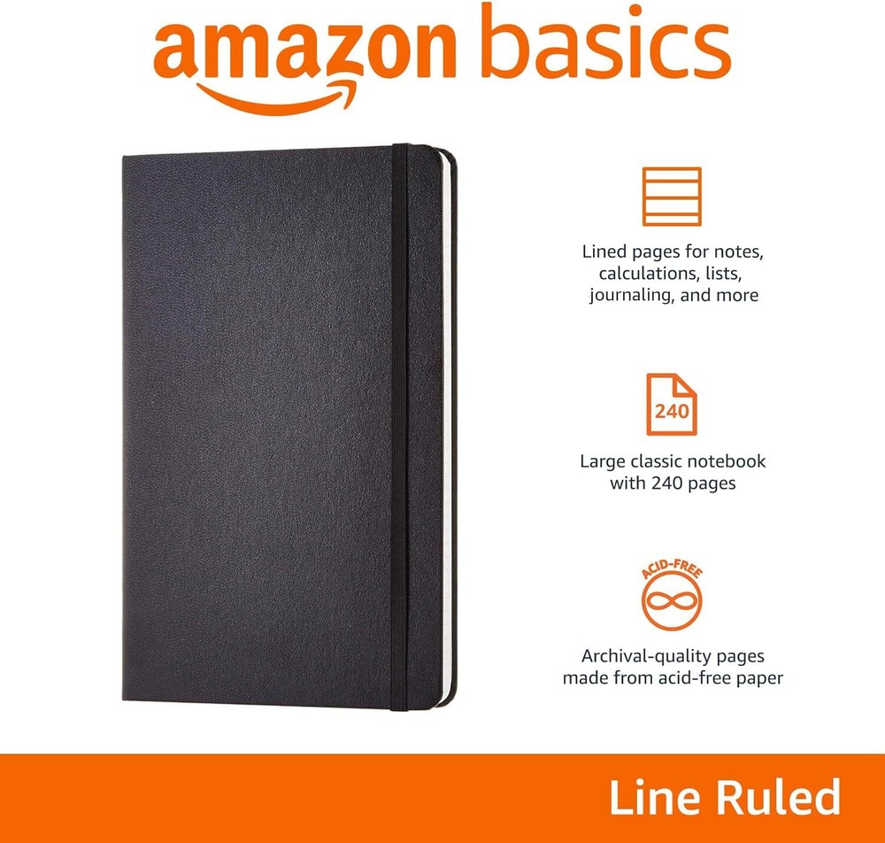 Amazon Basics Classic Lined Notebook, 240 Pages Hardcover, 5 x 1 Pack, Black