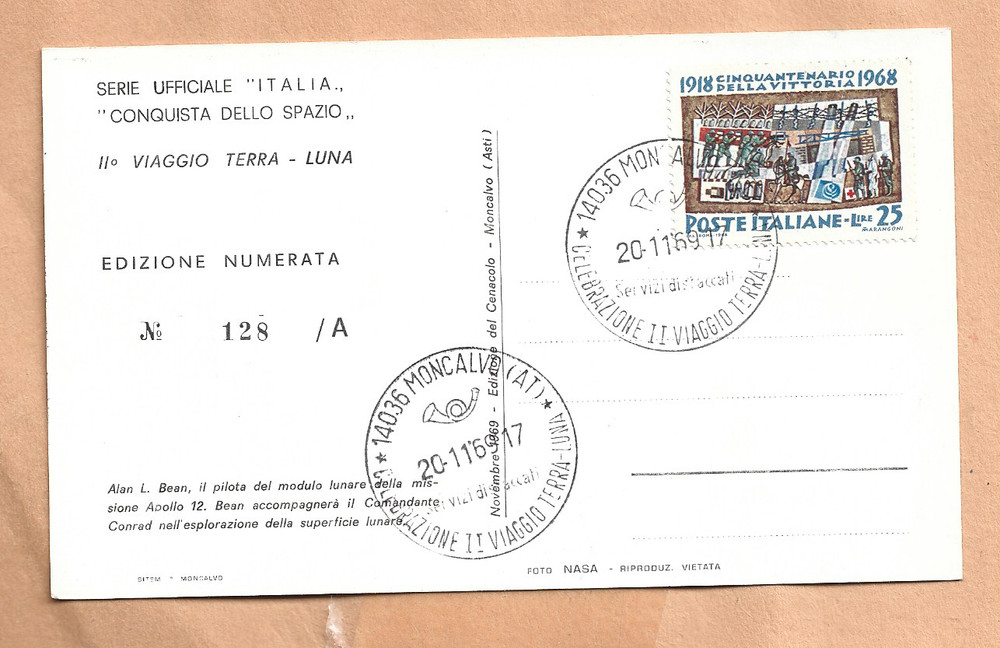 ALAN BEAN APOLLO 12 POSTCARD NOV 20,1969 ITALY SPACE PC