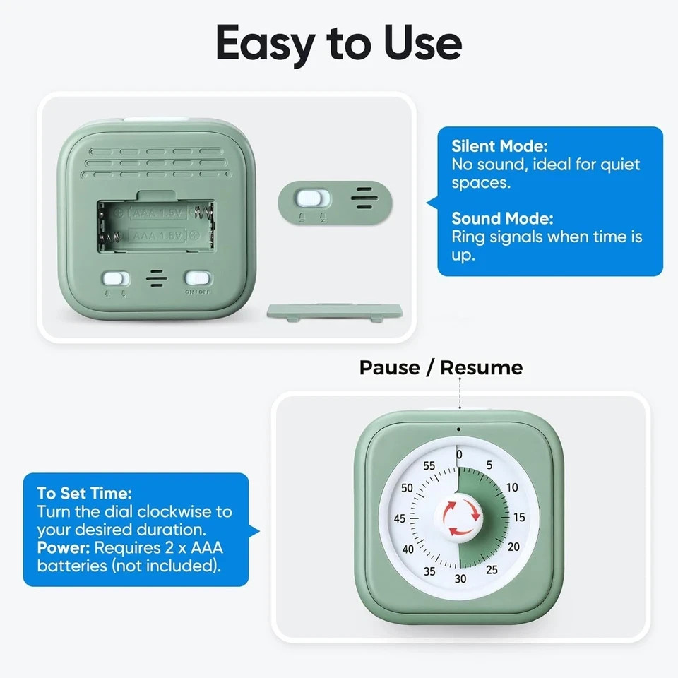 60 Minute Visual Timer for Kids, Silent Countdown Clock, Time Management Tool fo