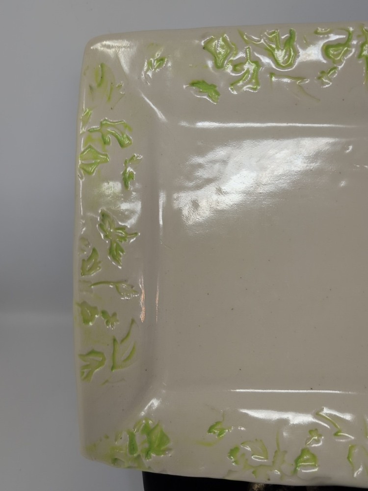 Studio Pottery Rectangle Platter Cherly Glenn Embossed Leaves Cream 12.5x9"