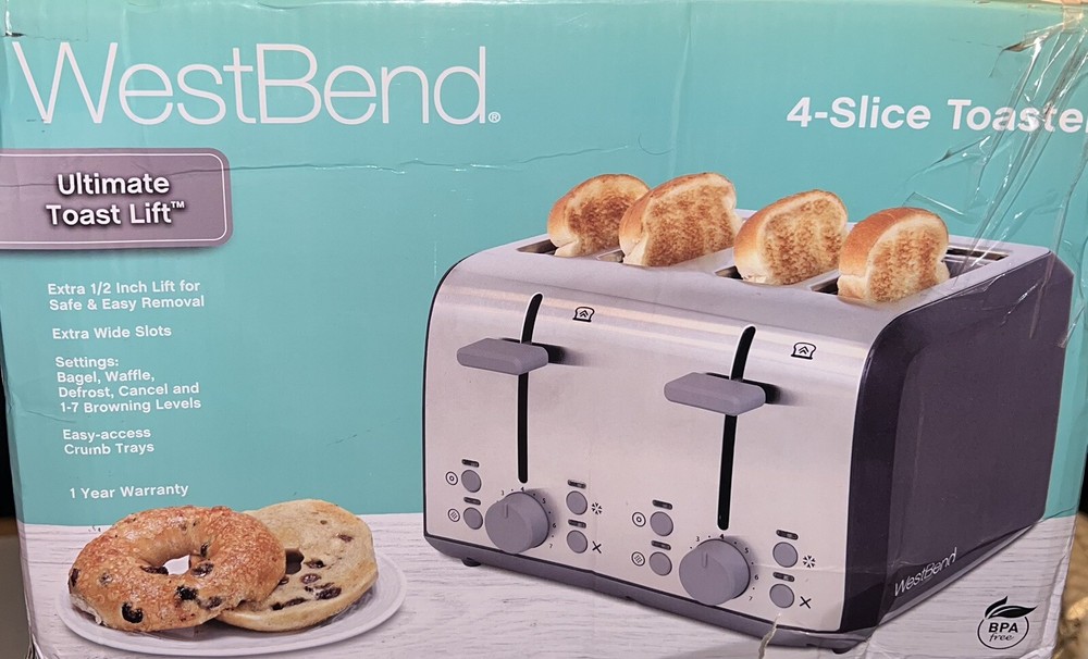 West Bend 4 Slice Toaster with Extra Wide Slots, Bagel Settings, Silver