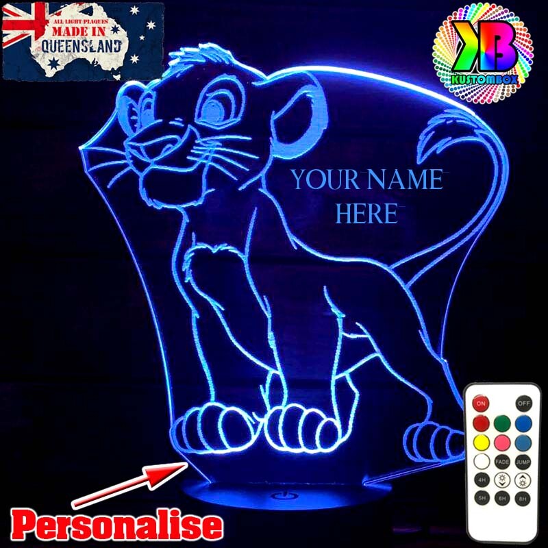 LION KING SIMBA CUB PERSONALISED NAME 3D LED USB NIGHT LIGHT & 7 COLOUR REMOTE