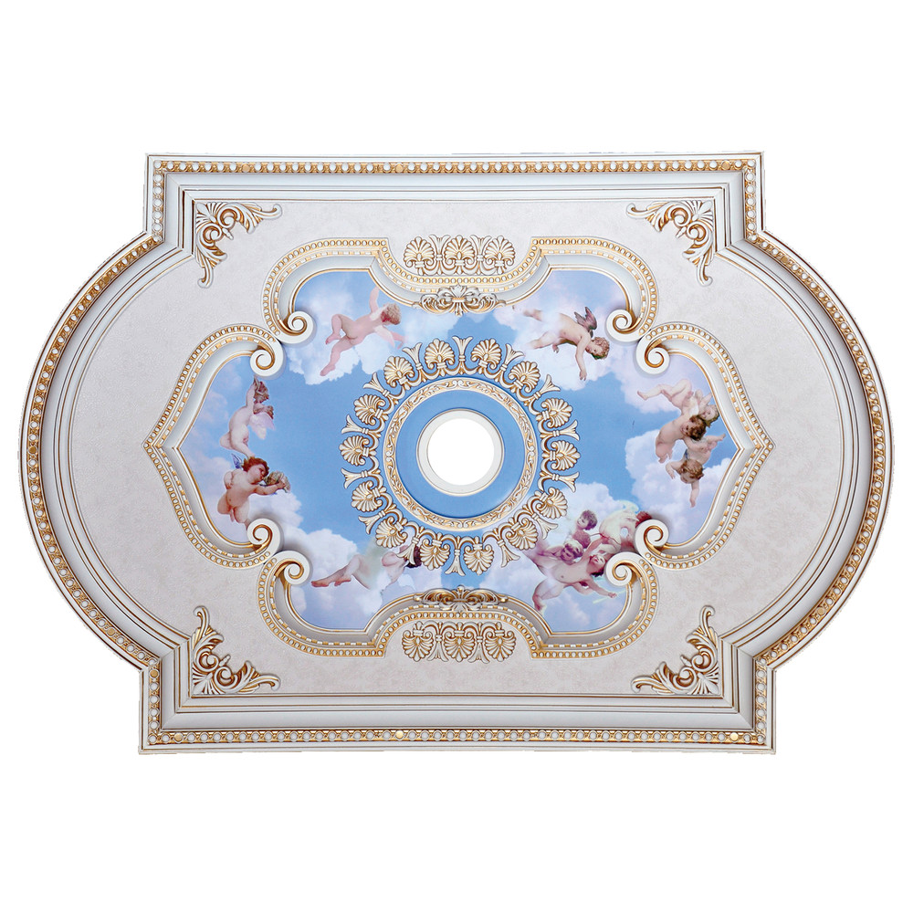 Rectangular Oval 51"x36" Antique White Ceiling Medallion Blue Sky Angel Motif