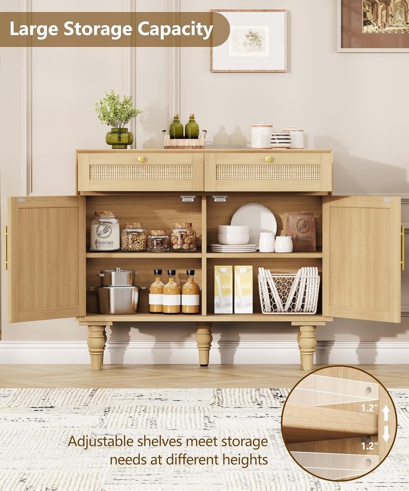 35.4" Rattan Buffet Sideboard Cabinet W/ Storage Boho Buffet Table W/ Adjustable