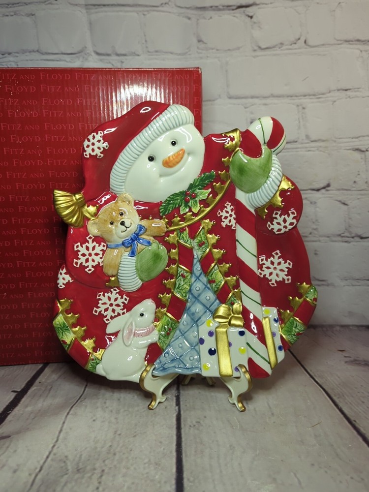 Fitz & Floyd Retired Snowman Serving Plate Bunny teddy bear present With box