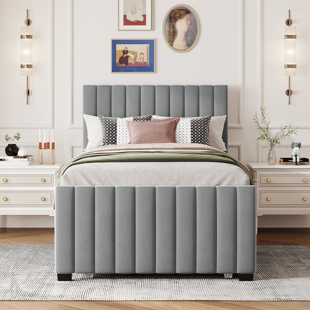 Twin Size Bed Frame Velvet Upholstered Platform Bed w/ Pull Out Trundle Gray