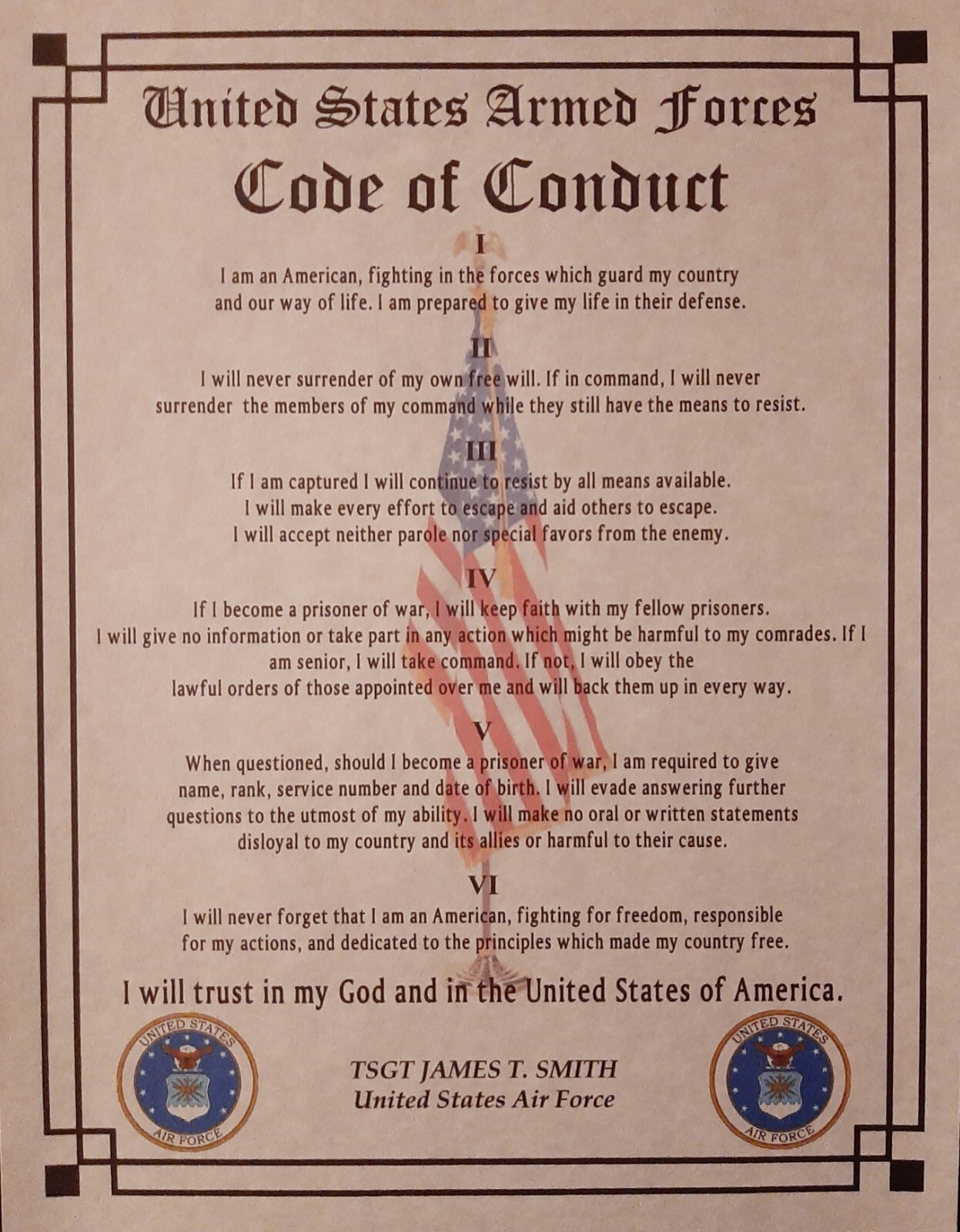 MC-NICE: AIR FORCE Armed Forces Code of Conduct PERSONALIZED