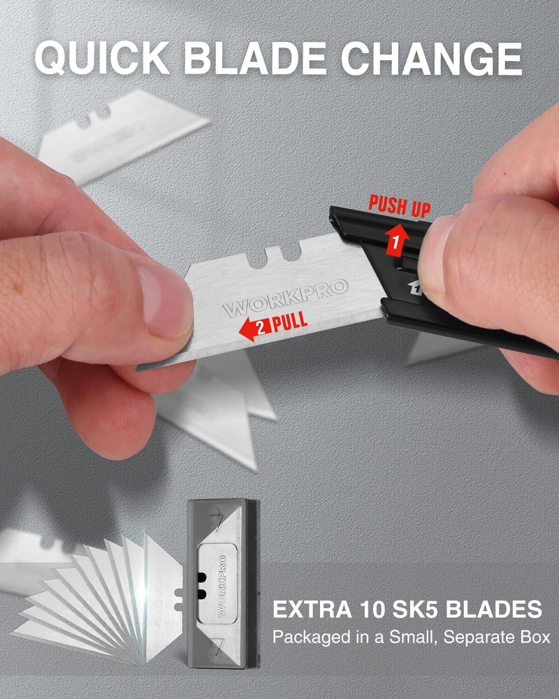 WORKPRO 3PCS Folding Utility Knife Set 10 Extra SK5 Blades G10 Handle Box Cutter