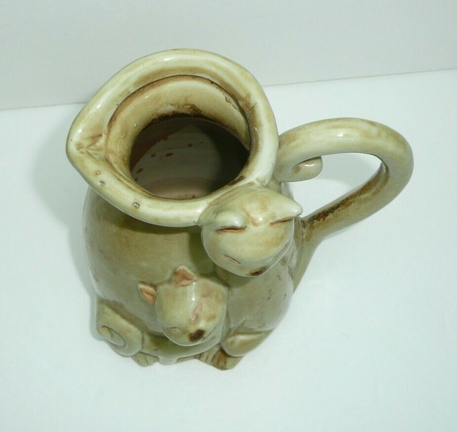 Cute Ceramic Cat Vase Pitcher w/ Handle 2 Kittens Home Decor Decorative Smiling