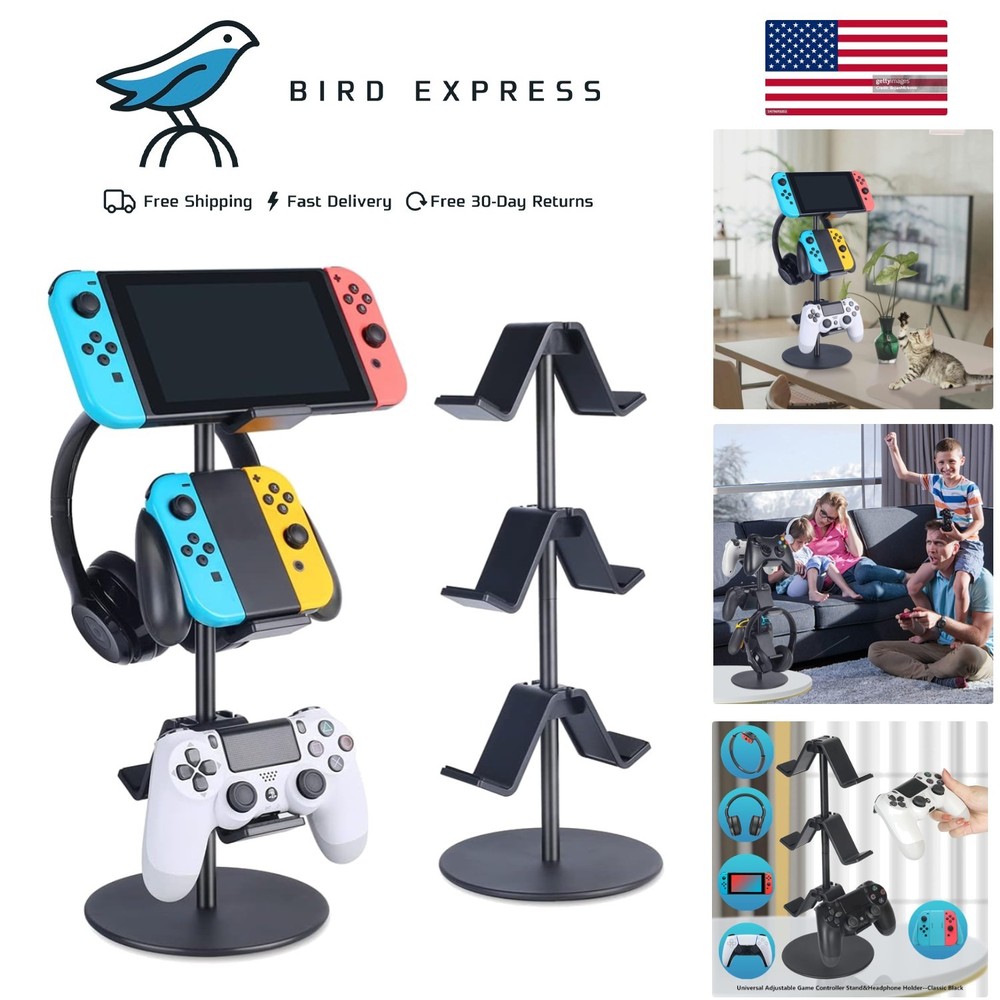 3 Tier Controller and Headphone Stand Adjustable Gaming Organizer Black