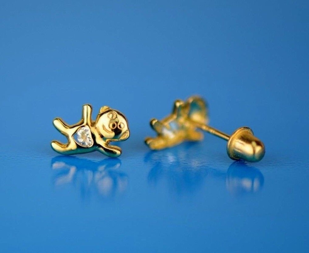 14k Yellow Gold CZ Bear Stud Earrings
