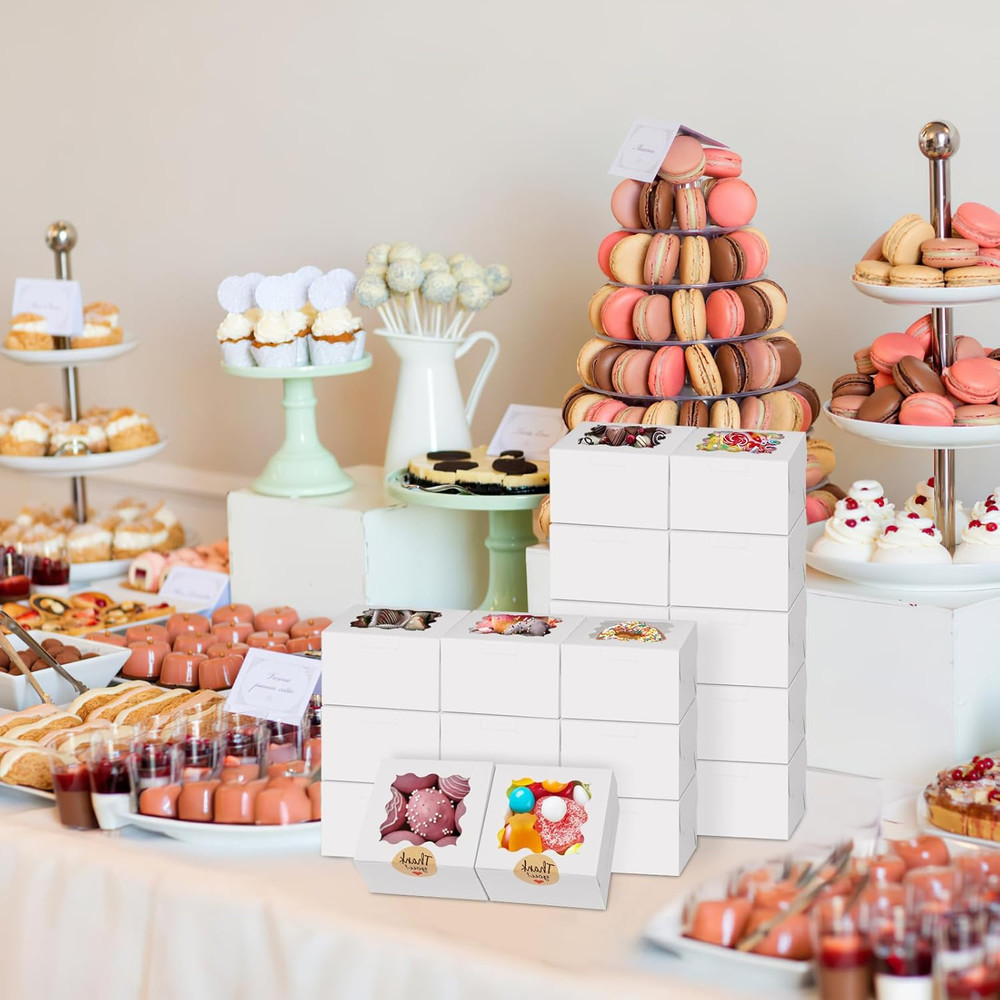24Pcs White Cookie Boxes, 4X4X2.5 Inches Bakery Boxes with Window, for Mini Cake