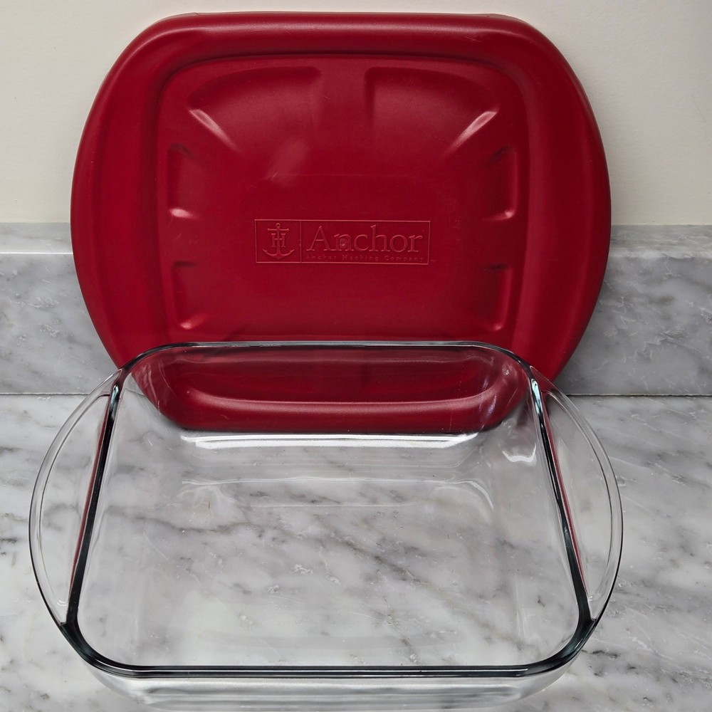 Anchor Hocking Glass Bakeware Set 2 Piece Rectangular Baking Dishes w/ Red Lids