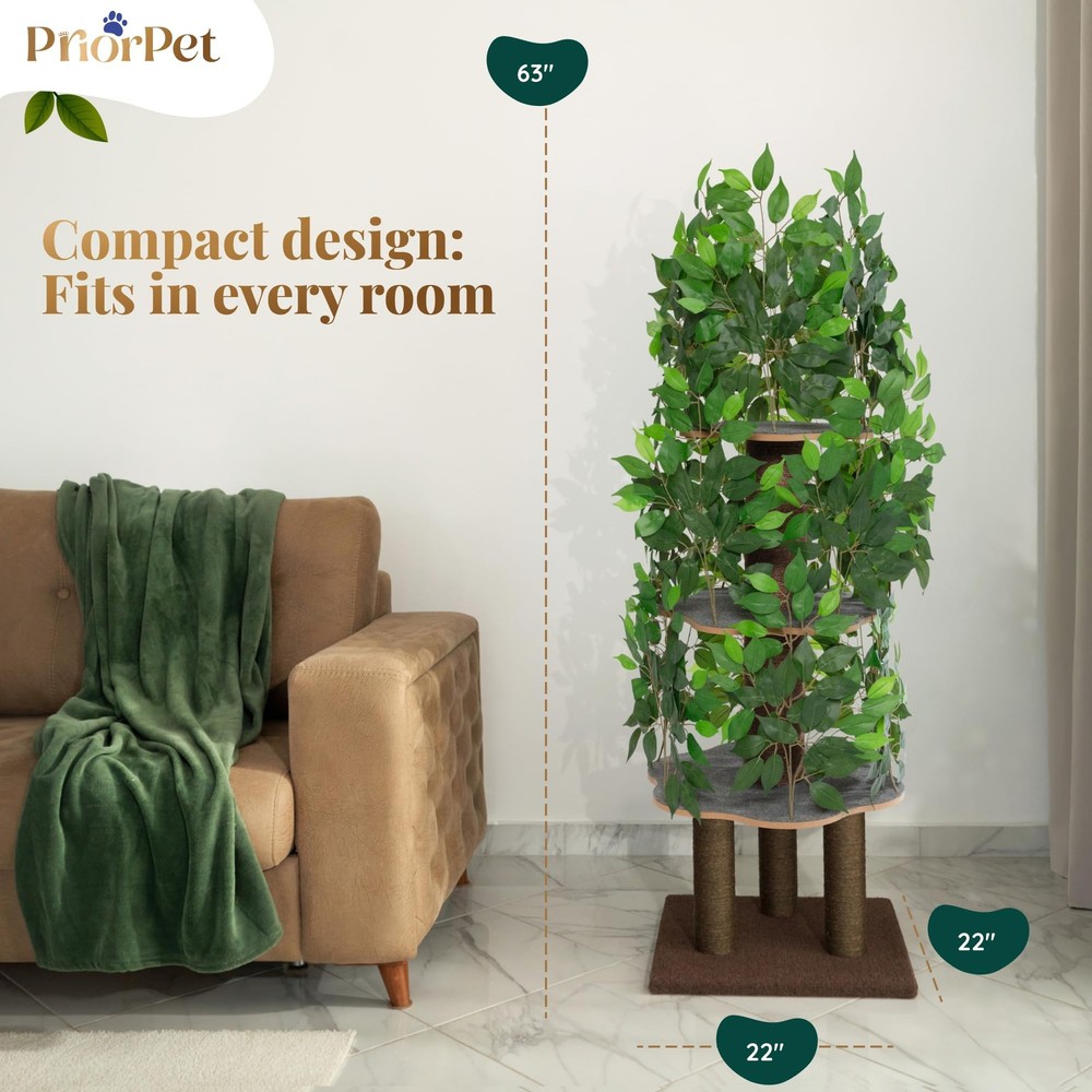 Cat Tree with Leaves – Stable & Space-Saving Design – 4 Scratch Levels & 5 Sc...