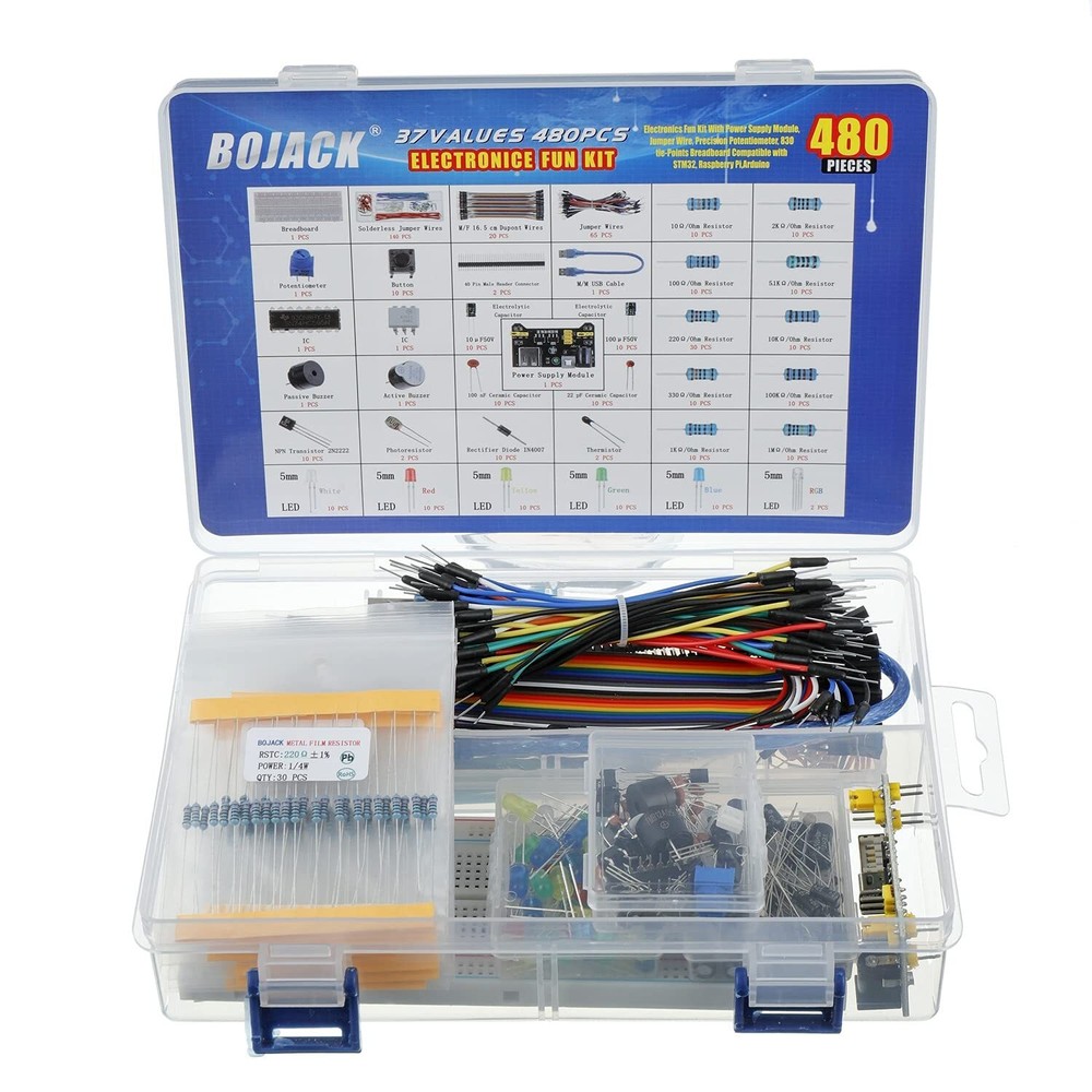 37 Values 480 Pcs Electronics Component Fun Kit with Power Supply Module Jump...