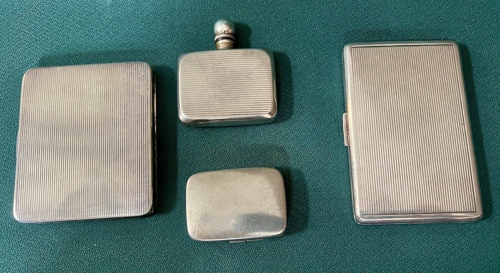 FABULOUS 835 SILVER 4 PIECE ETCHED CIGARETTE CASE COMPACT PERFUME PILL BOX SET