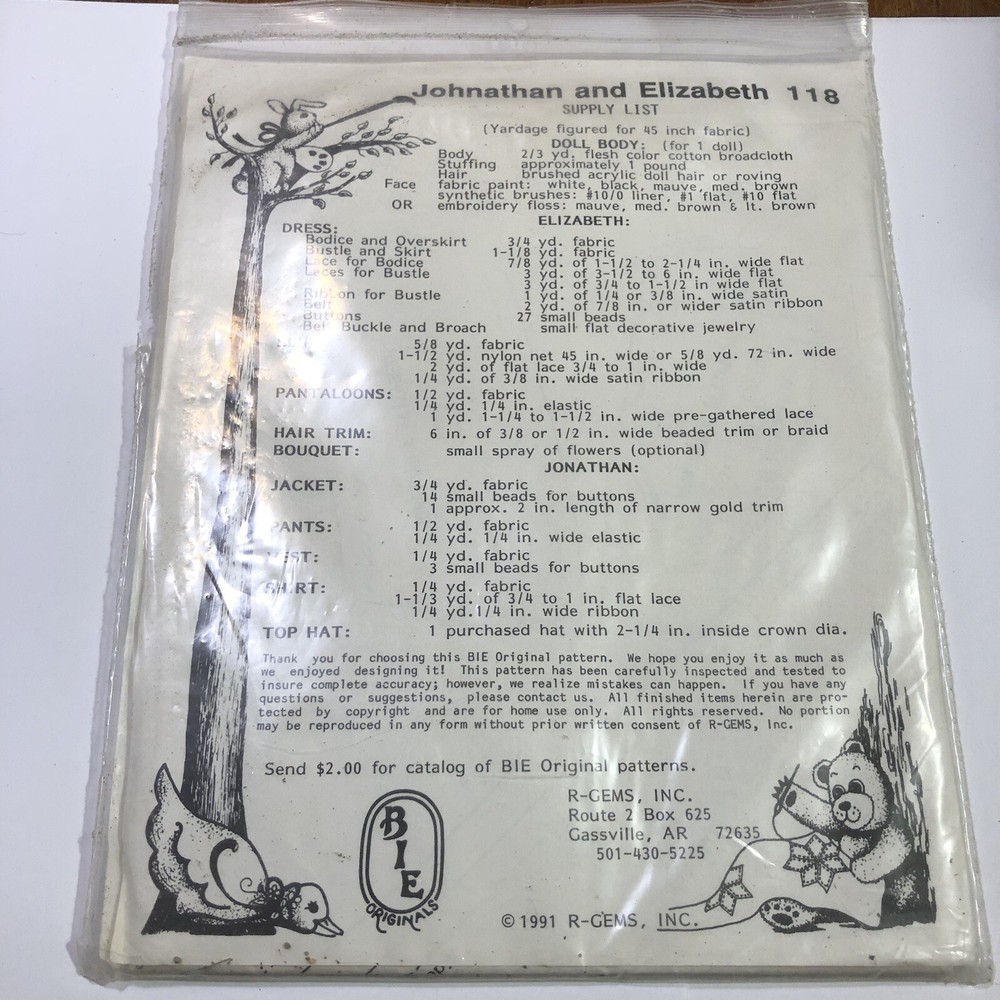 Johnathan and Elizabeth Pattern 25" Dolls R-Gems