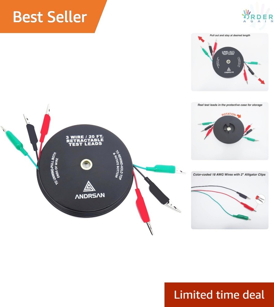 3 Wire 20 ft Retractable  Leads with Clips for Electrical Testing