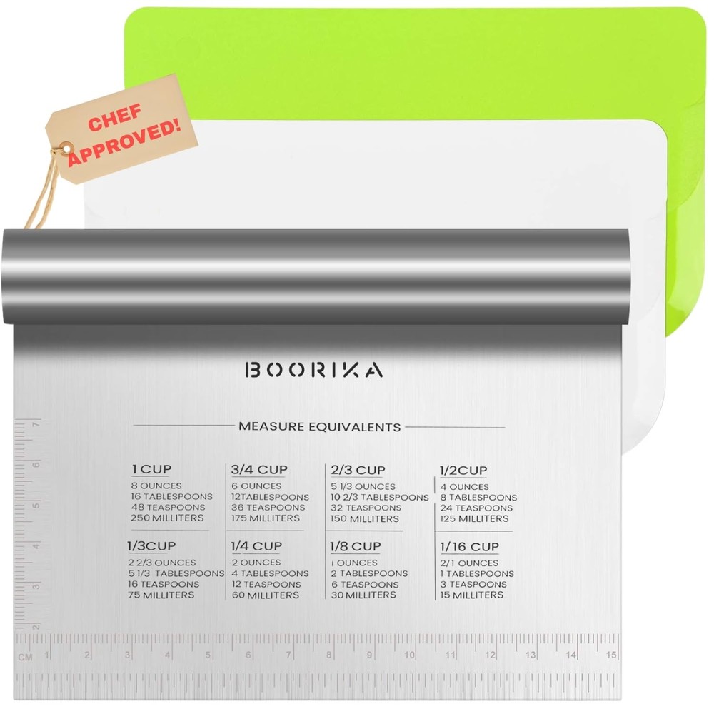 Boorika Bench Scraper Kitchen Tool, Dough Cutter and L, Silver, White Green