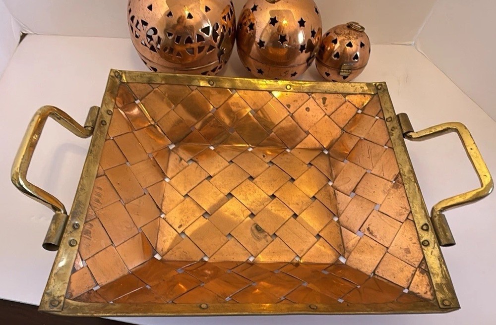 Woven Copper & Brass Tray With Three Hinged Decor Balls