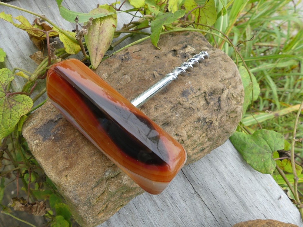 Vintage Corkscrew with Polished Agate Stone Handle Barware 4.25"