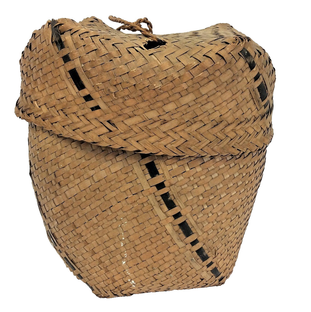Wicker Woven Black Stripe Early Zigzag Pattern Basket Decorative Old