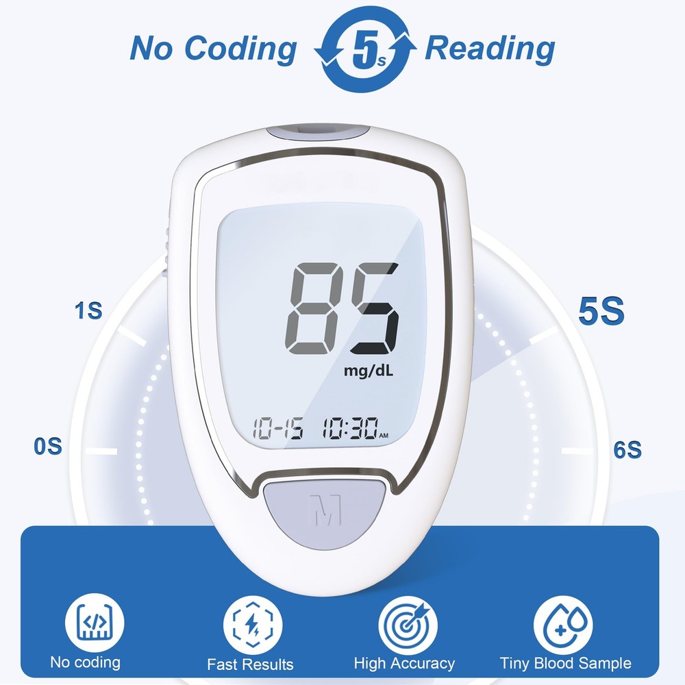 Glucose Monitor Kit, High Accuracy, 100 Test Strips & Lancets, No Coding