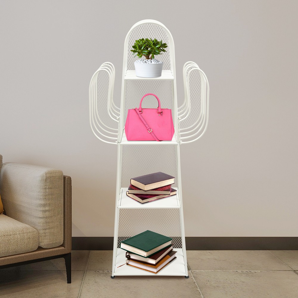 4-Tier Iron Book Shelf Cactus Bookcase W/ Mesh Baffle+6 Compartments For Study